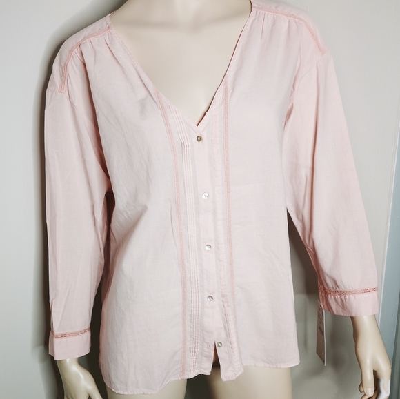 NWT Zara Cotton Pintucked & Lace Collarless Blouse - Picture 2 of 10